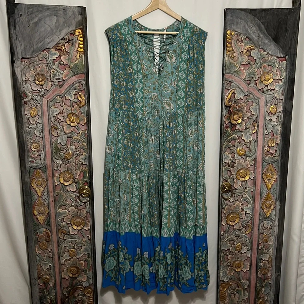 FREE PEOPLE Hanalei Bay Maxi Dress Blue Size Medium Turquoise Multi - Picture 7 of 16